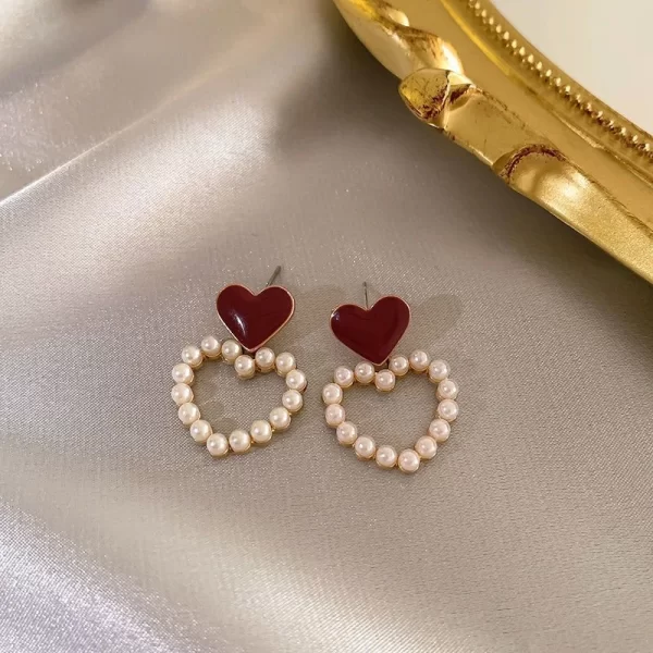 Vintage Dripping Oil Wine Red Retro Stud Earrings For Women Korean Pearl Flower Heart Shape Geometric Earring High Sense Jewelry - Image 6