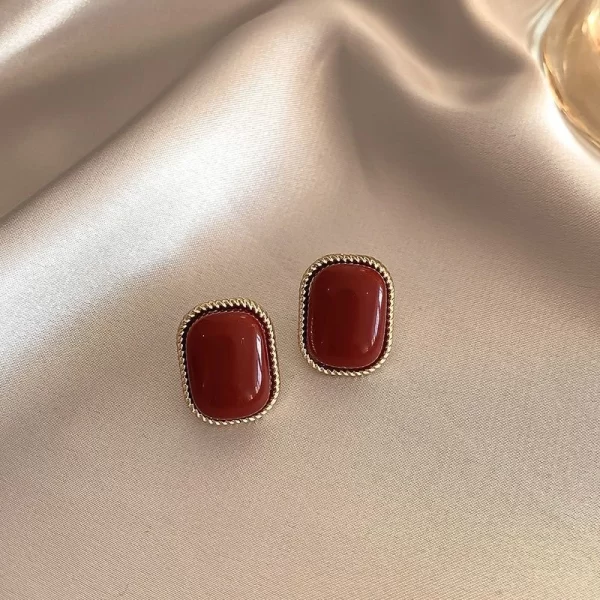 Vintage Dripping Oil Wine Red Retro Stud Earrings For Women Korean Pearl Flower Heart Shape Geometric Earring High Sense Jewelry - Image 4