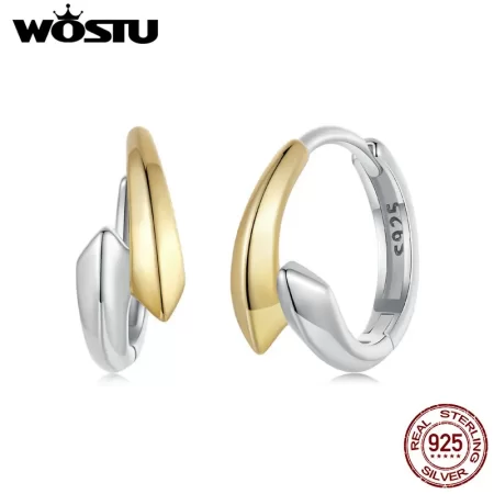WOSTU 925 Sterling Silver Simple Two tone Hoop Earrings For Women Yellow Gold Geometry Ear Burckles Wedding Engagement Pendiente