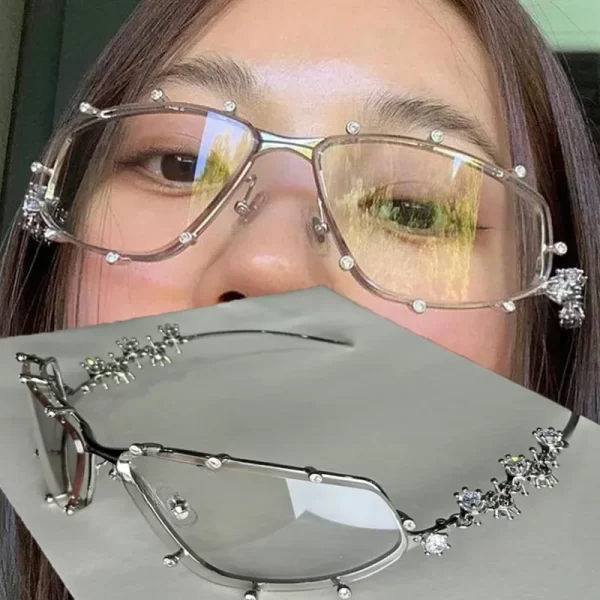 Fashion Rhinestone Glasses Women Men Oversized Cat Eye Glasses Metal Oversized Oval Shades Frame Vintage Bling Party Eyeglasses - Image 2