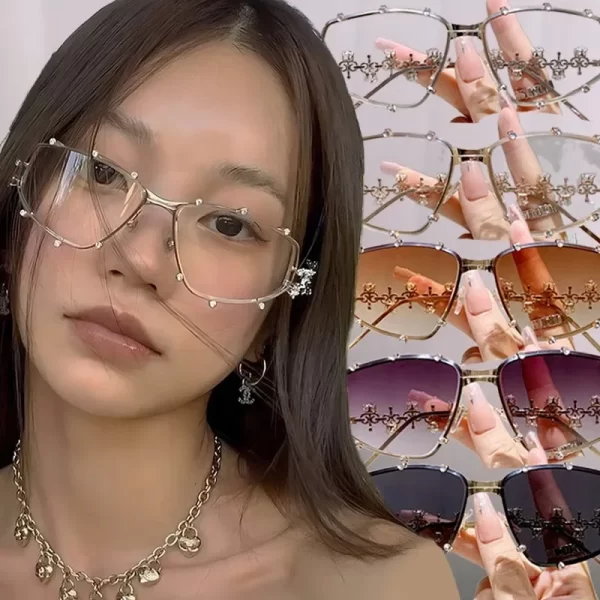 Fashion Rhinestone Glasses Women Men Oversized Cat Eye Glasses Metal Oversized Oval Shades Frame Vintage Bling Party Eyeglasses - Image 3