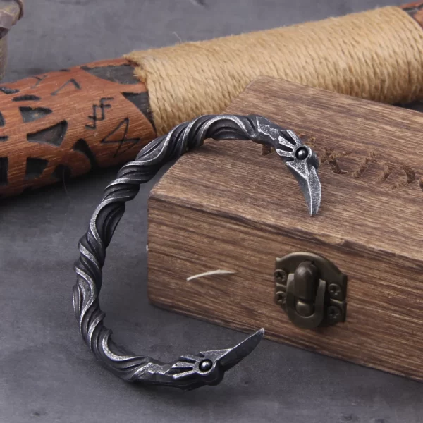 Stainless Steel Nordic Viking Norse Raven Bracelet Men Wristband Cuff Bracelets with viking wooden box - Image 3