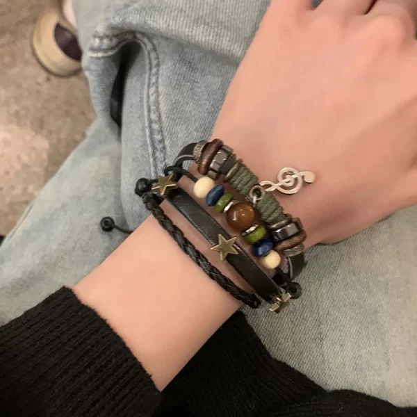 Handmade Hippie Design Brown Leather Bracelet Women Metal Star Note Charms Wood Button Beads Wrap Unisex Adjustable Bracelet - Image 3