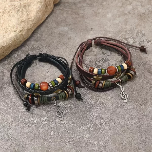 Handmade Hippie Design Brown Leather Bracelet Women Metal Star Note Charms Wood Button Beads Wrap Unisex Adjustable Bracelet - Image 6