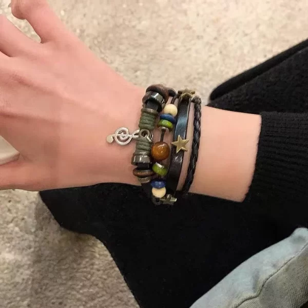 Handmade Hippie Design Brown Leather Bracelet Women Metal Star Note Charms Wood Button Beads Wrap Unisex Adjustable Bracelet - Image 5