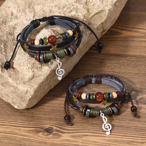 Handmade Hippie Design Brown Leather Bracelet Women Metal Star Note Charms Wood Button Beads Wrap Unisex Adjustable Bracelet - Image 2