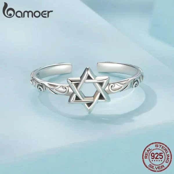 BAMOER 925 Sterling Silver Star of David Adjustable Ring, Religous Retro Pattern Jewelry Christmas Birthday Gift for Women - Image 5