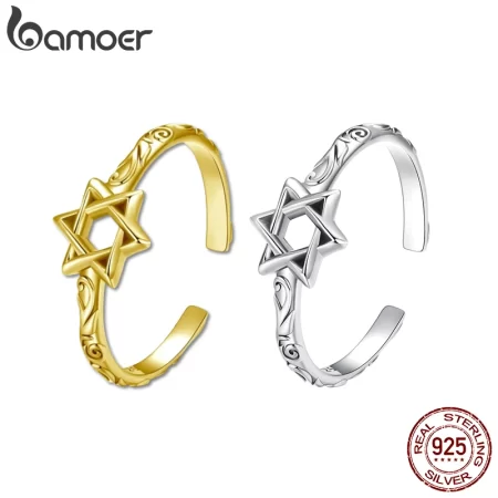 BAMOER 925 Sterling Silver Star of David Adjustable Ring, Religous Retro Pattern Jewelry Christmas Birthday Gift for Women