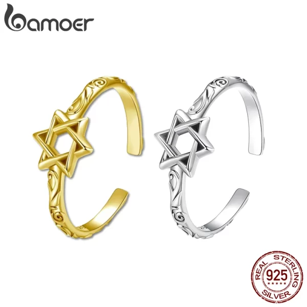 BAMOER 925 Sterling Silver Star of David Adjustable Ring, Religous Retro Pattern Jewelry Christmas Birthday Gift for Women