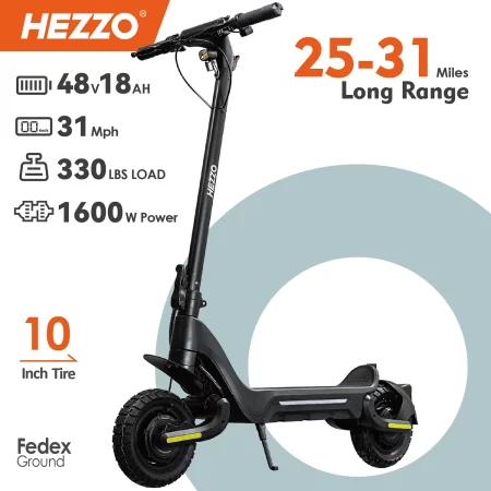 hezzo long range electric scooter, 10inch, 31 miles, 48v,1600w, dual motors, f5, 10inch, off road, lithium folding scooter, 18ah