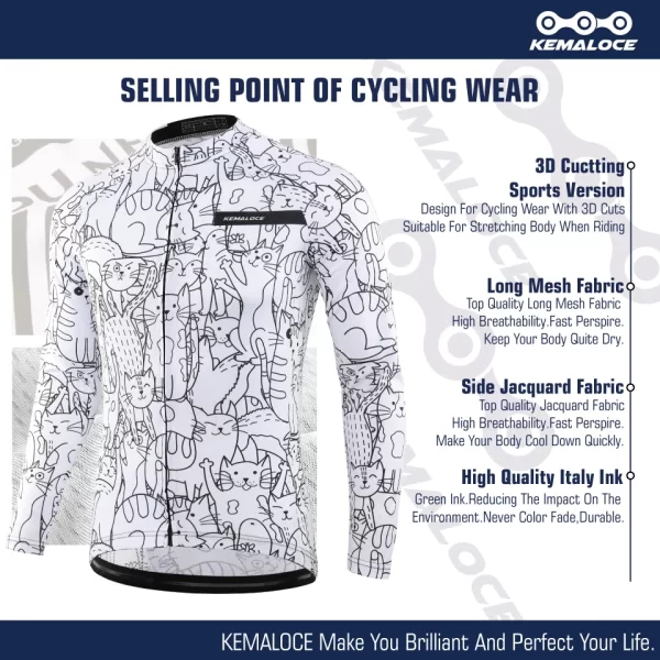 kemaloce cycling jersey long sleeves men&women white&black cartoon 2024 bicycle jersey team summer premium anti uv cycle clothes
