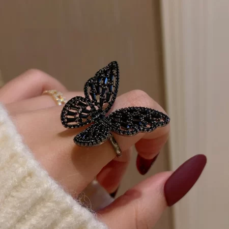 mysterious sexy black crystal butterfly rings korean fashion jewelry party gothic girl exaggerated accessories for woman gifts