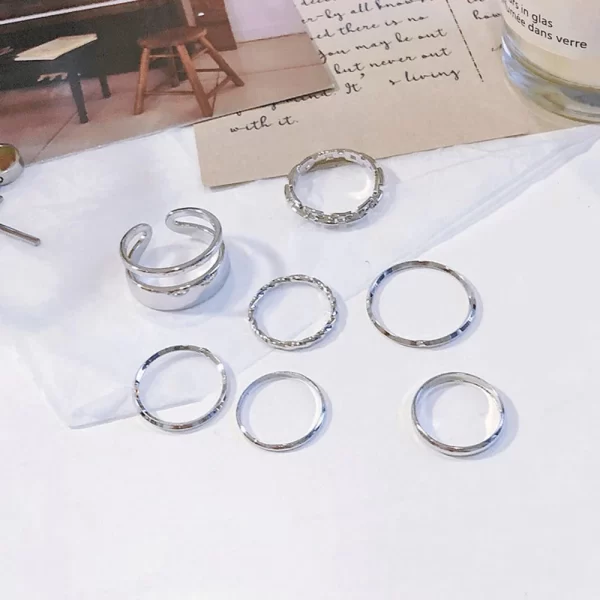 7pcs/set korea fashion mixed minimalist ring set geometric round metal gold silver color cuff open rings jewelry for women