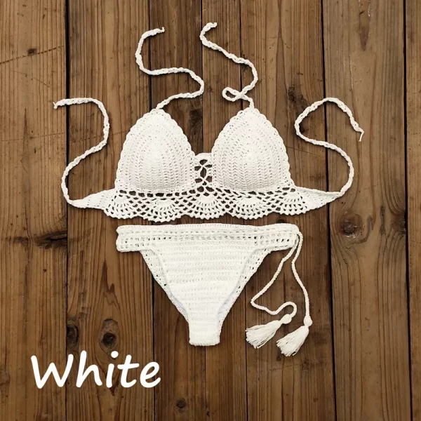 10 color hand crochet women swimwear sexy crop top push up bikini set beach swimsuit suit tassel swim shorts