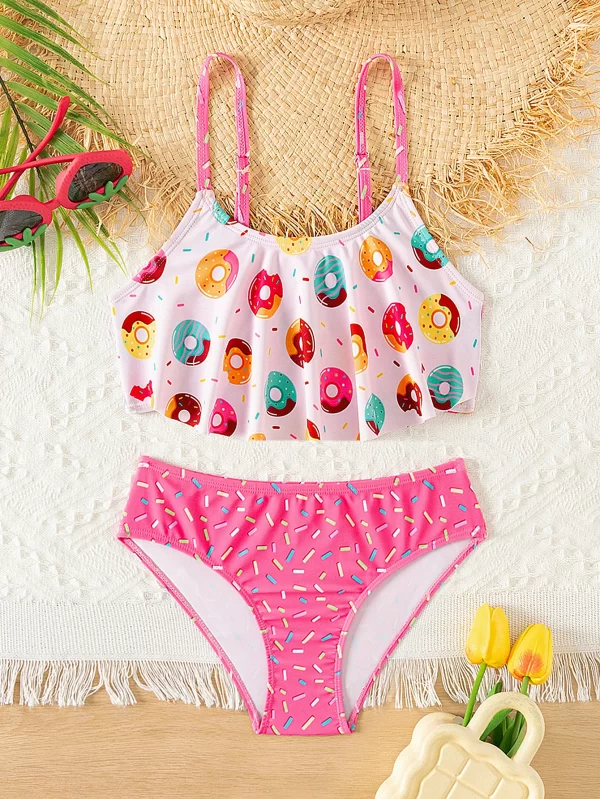 donut print ruffle deco girls kids bikini set summer beach outdoor cute 2 piece swimwear contrast adjustable girls kids swimsuit