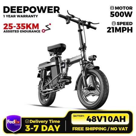 deepower electric bike for adult 600w peak motor, 21mph folding ebike, 14" electric bicycles, 3 levels assist, multi shock ebike