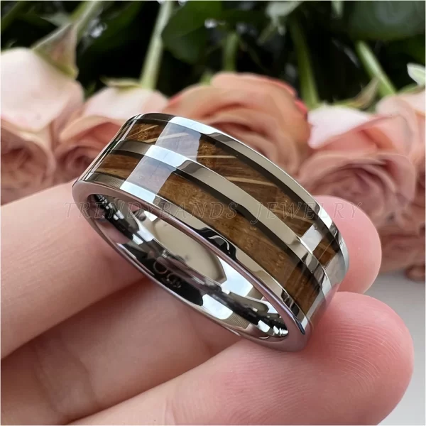 8mm men's women's ring tungsten wedding band couple's fashion jewelry whisky barrel wood inlay polished shiny comfort fit