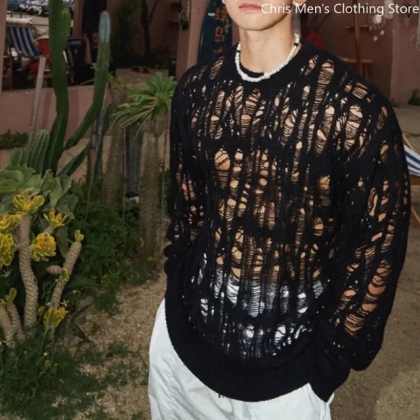 2025 spring fashion knitting t shirt sexy hollow qut mesh knit t shirts men see through ripped crewneek pullover tops for mens