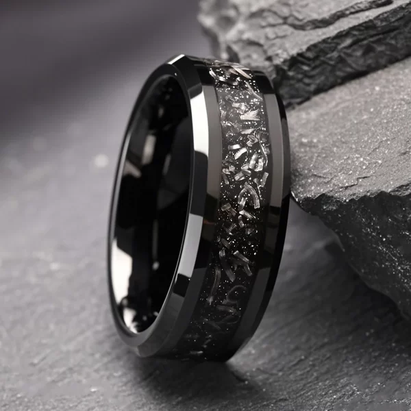 black tungsten carbide ring 8mm flat beveled edge with iron filings inlay matte finish men's wedding band hypoallergenic