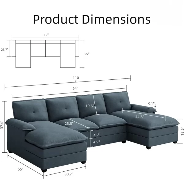 110" u shaped couch 4 seat sofas with double chaises, modern modular sectional sofa set for apartment furniture for apartment