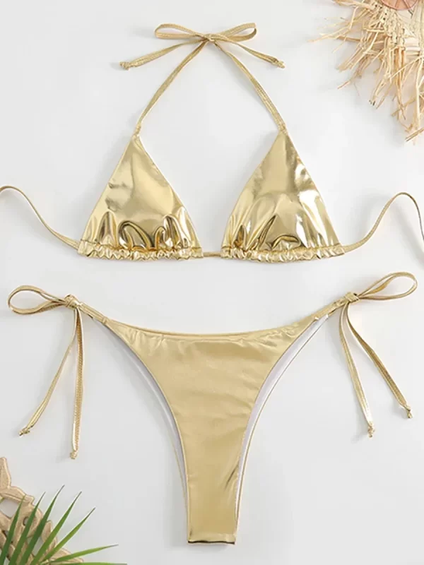 sexy metallic halter bikinis sets lace up triangle tie side bikini 2024 swimsuit women swimwear brazilian female bathing suits