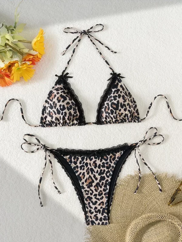 2025 new summer swimwear bikini set sexy print laced up backless bikini 2 piece set women split swimsuit high waist beach bikini
