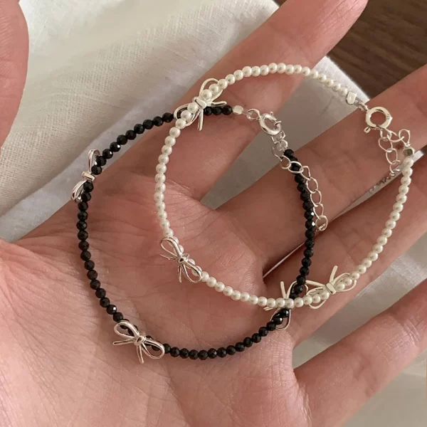 black crystal beaded bowknot pearl bracelet for women girl korean fashion beads chain vintage bracelet aesthetic y2k jewelry
