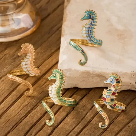 alloy enamel craftsmanship, colorful seahorse shape women's fashion ring adjustable open design ideal for wearing menstruction and party