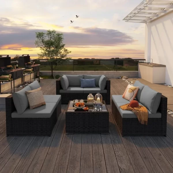 7 pieces outdoor patio furniture set pe rattan outdoor wicker sectional furniture sofa set, with cushions and glass coffee table
