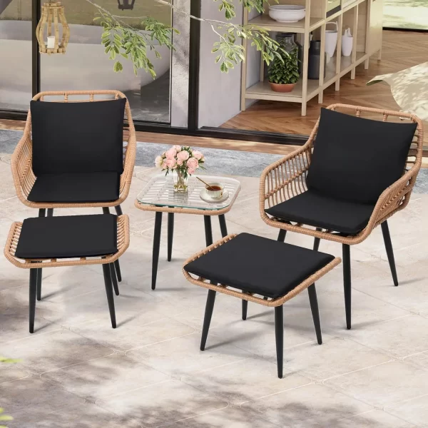 5 piece wicker bistro patio conversation furniture set, includes 2 chairs, 2 ottomans, and side table, ideal for porch, balcony,
