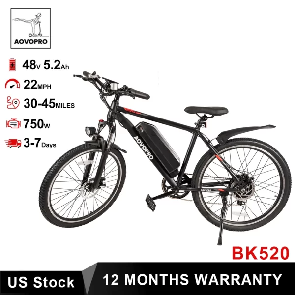 aovopro electric bicycle 26 inch tires 750w e bike 48v 5.2ah e mountain bike 7 speed long range ebike adult electric bike