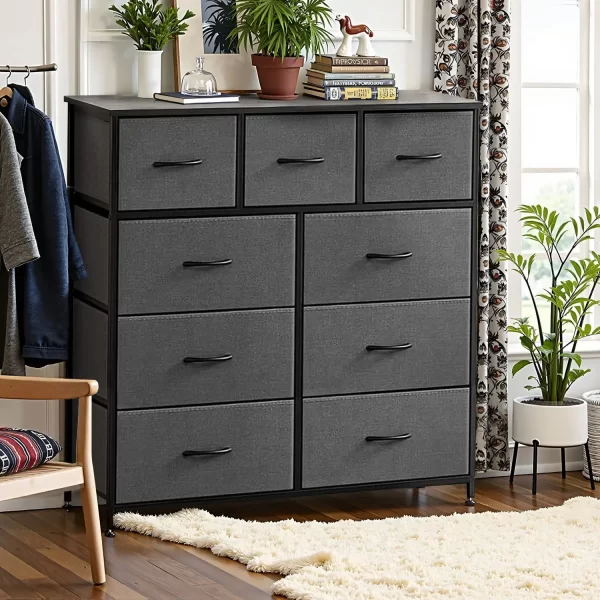 simenmax 9 drawers dresser for bedroom, tall fabric closet chests organizer tower furniture with wooden top metal frame
