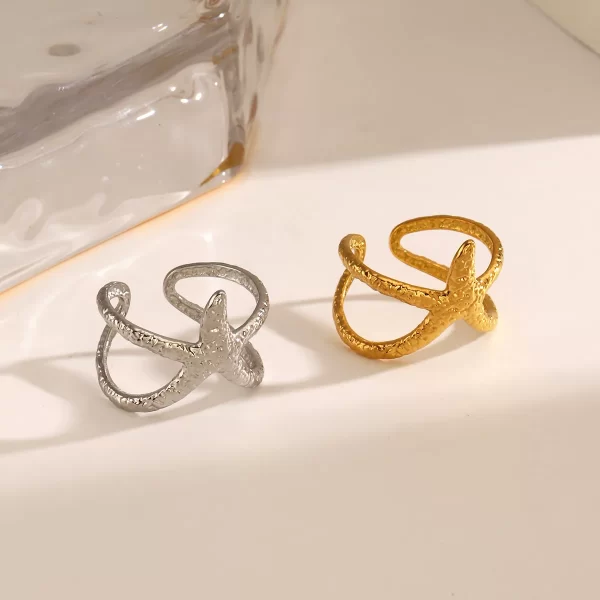 lats beach style stainless steel starfish open ring for women men metal waterproof fashion gold silver color jewelry gift