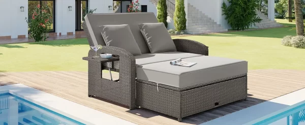 topmax pe wicker rattan double chaise lounge, 2 person reclining daybed with adjustable back and cushions, free furniture protec