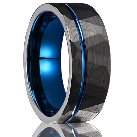 tungsten carbide rings for men women 8mm men's engagement wedding bands black hammered inlay blue grooved matte brushed