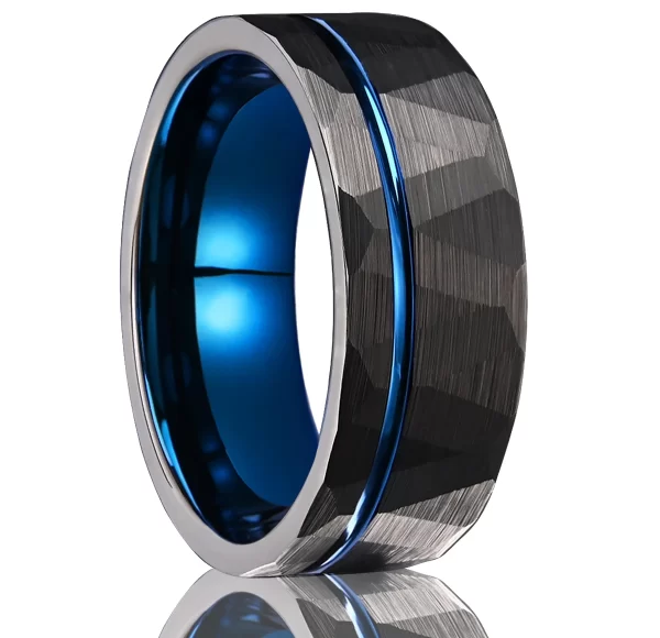 tungsten carbide rings for men women 8mm men's engagement wedding bands black hammered inlay blue grooved matte brushed