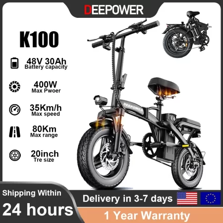 deepower electric bike k100 400w folding ebike 48v30ah removable battery disc brake city commuter electric bicycle for adults