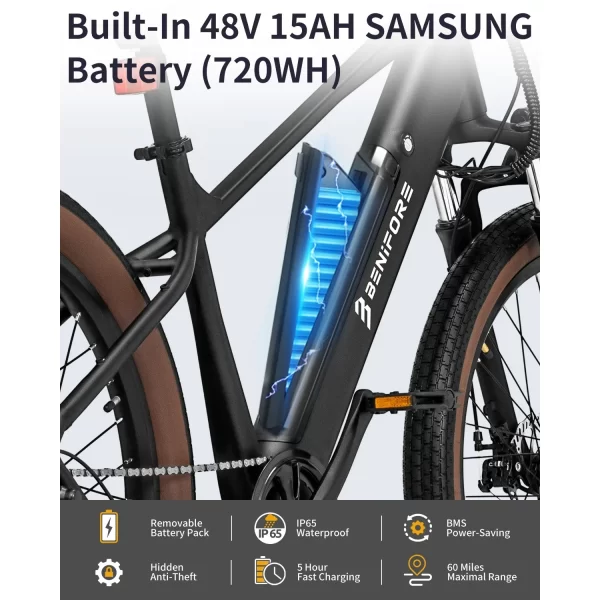 benifore c26 ebike 1200w peak power 48v15ah removable battery city electric bikes 26*3.0 inch off road mountain electric bicycle