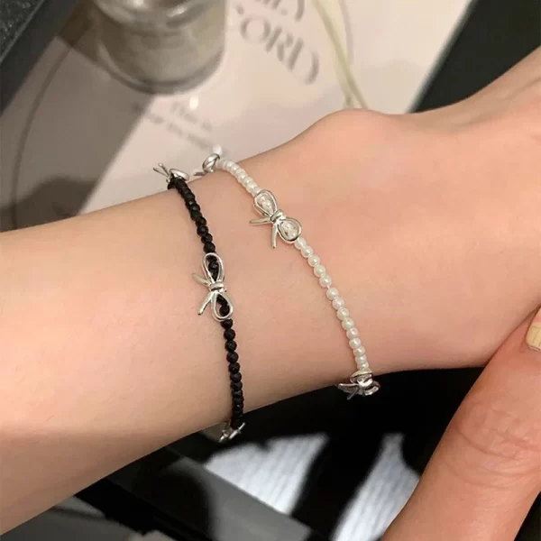 black crystal beaded bowknot pearl bracelet for women girl korean fashion beads chain vintage bracelet aesthetic y2k jewelry