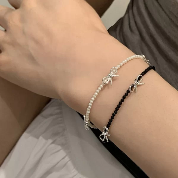 black crystal beaded bowknot pearl bracelet for women girl korean fashion beads chain vintage bracelet aesthetic y2k jewelry