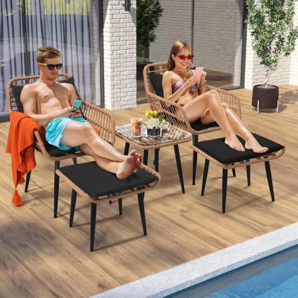 5 piece wicker bistro patio conversation furniture set, includes 2 chairs, 2 ottomans, and side table, ideal for porch, balcony,