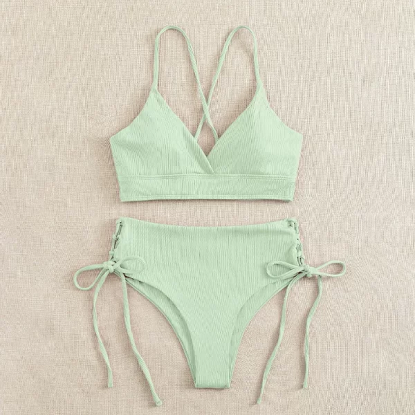 cikini v neck split bikini set for women, sexy swimsuit, lace up, triangular bikinis, solid color, beach swimwear, bathing suit