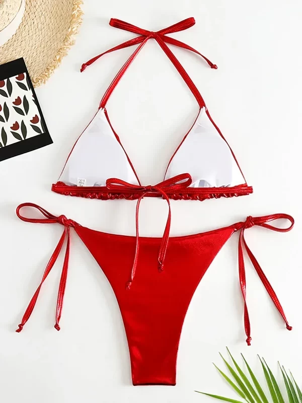 sexy metallic halter bikinis sets lace up triangle tie side bikini 2024 swimsuit women swimwear brazilian female bathing suits