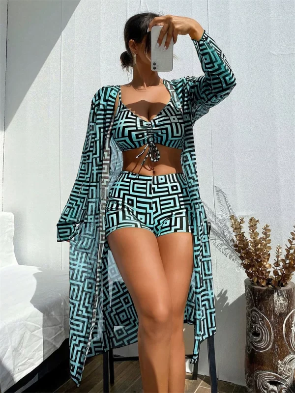 bikini women swimsuit 2025 new lattice sling bikinis set sexy boxer shorts swimwear summer long sleeve beach bathing suit female