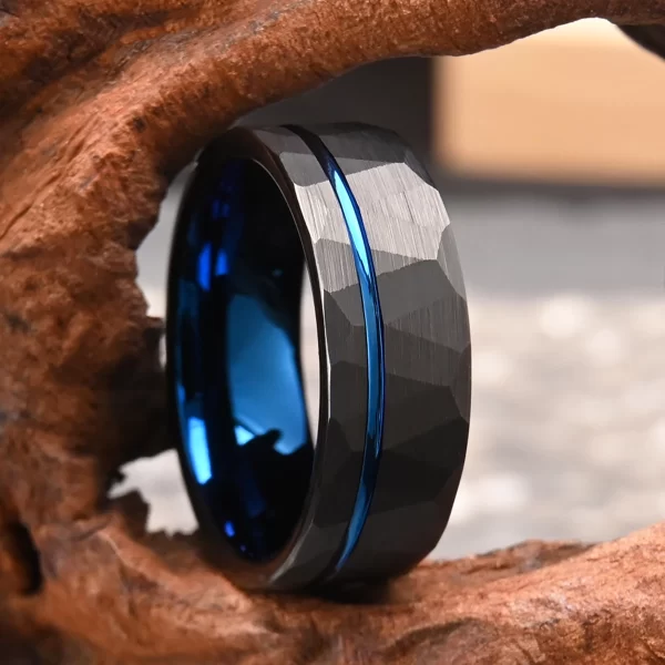 tungsten carbide rings for men women 8mm men's engagement wedding bands black hammered inlay blue grooved matte brushed
