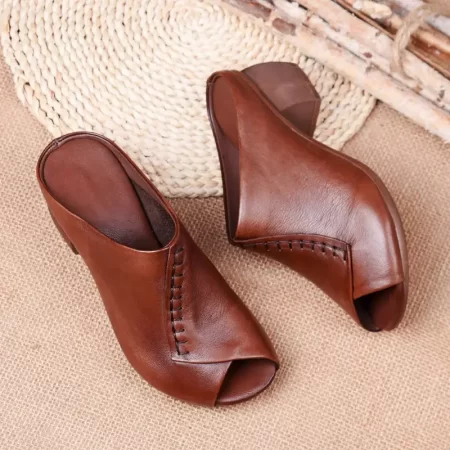 thick heeled soft leather outer slippers fish mouth comfortable versatile mid heeled women sandals women's mother's shoes women