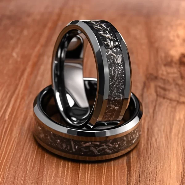 black tungsten carbide ring 8mm flat beveled edge with iron filings inlay matte finish men's wedding band hypoallergenic
