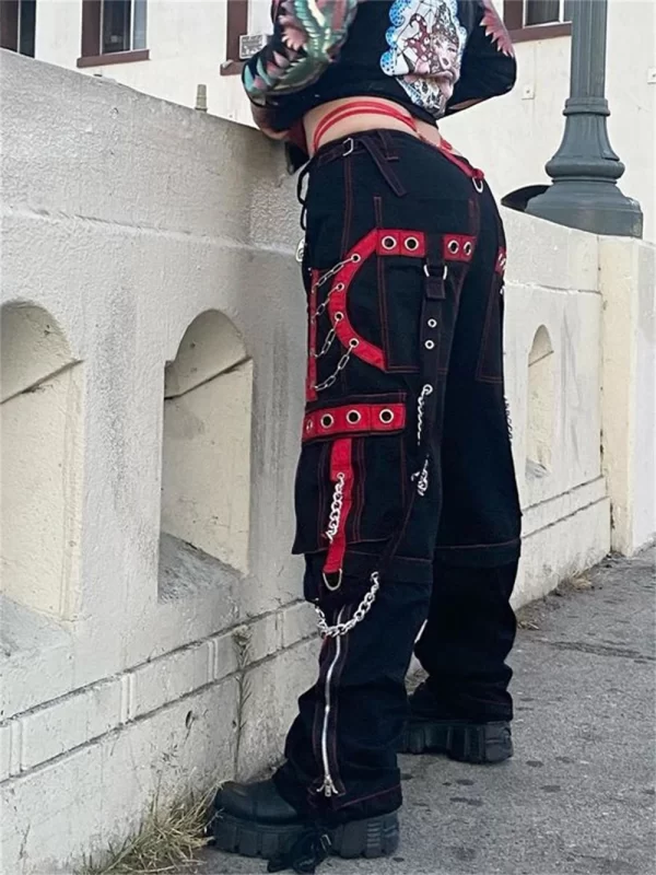 cyber punk unisex cargo wide leg pants chain bandage ruched tie capris pants women gothic baggy trousers bf hippie grunge jogger