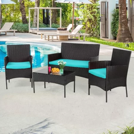 4 piece outdoor wicker patio conversation furniture set for backyard w/coffee table, seat cushions, patio furniture set