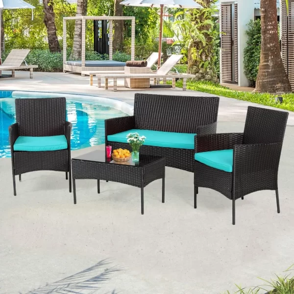4 piece outdoor wicker patio conversation furniture set for backyard w/coffee table, seat cushions, patio furniture set